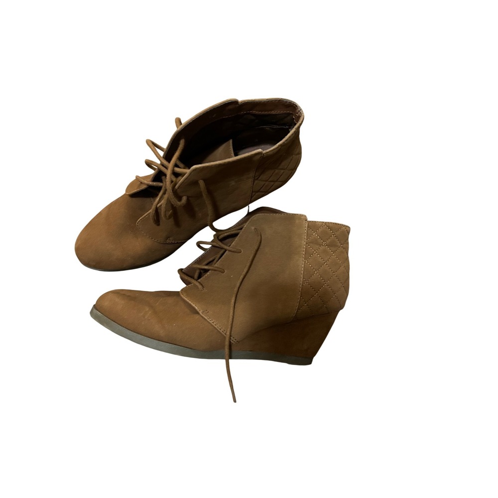 Madden Girl Damien‎ Tan Brown Lace Up Wedge Ankle Booties Quilted Heel 11M